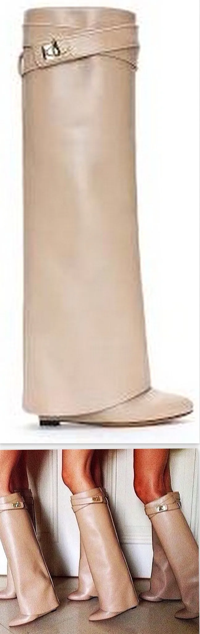 'Shark Lock' Wedge Knee Leather Boots in Beige