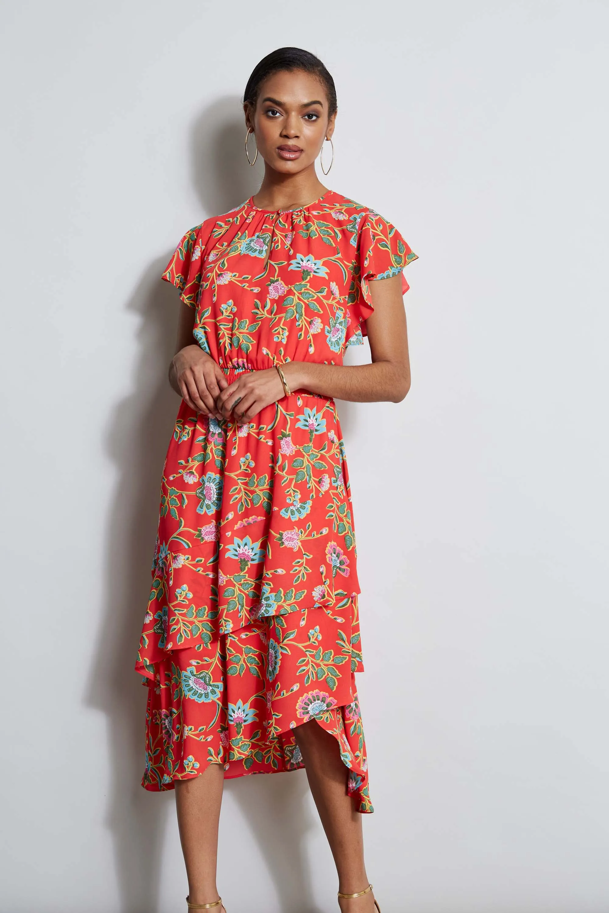 T-Tahari Hibiscus Garden Print Midi Dress