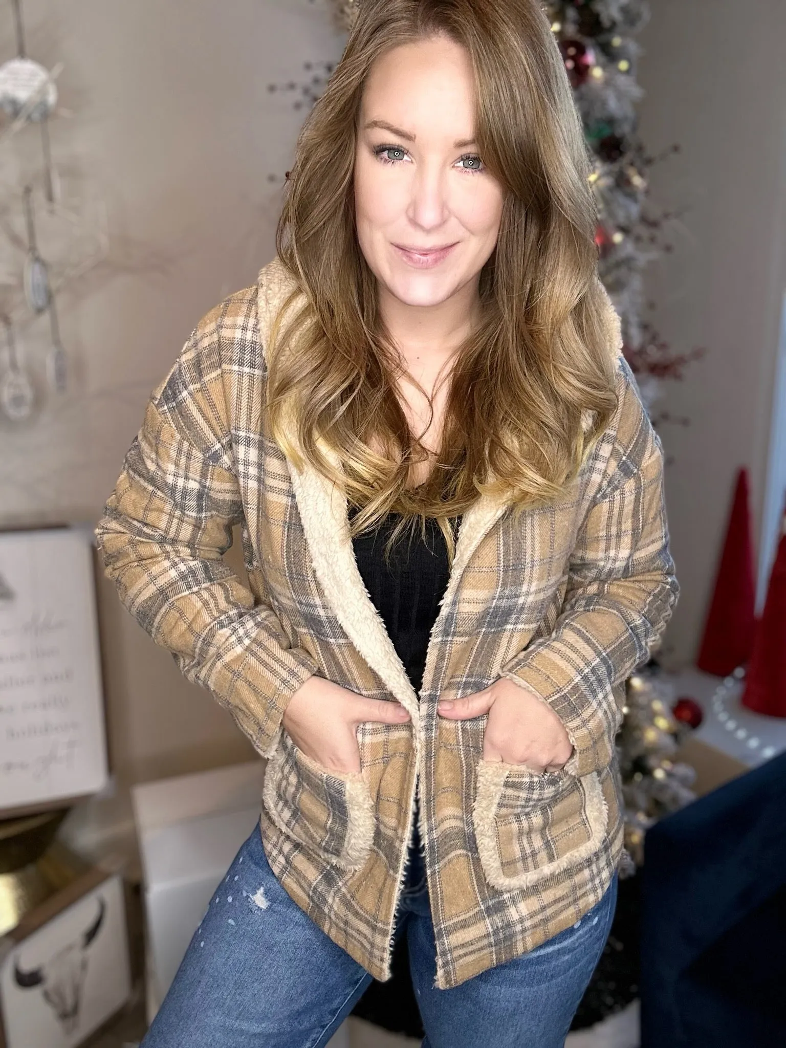 Tan Flannel Hooded Fur Jacket