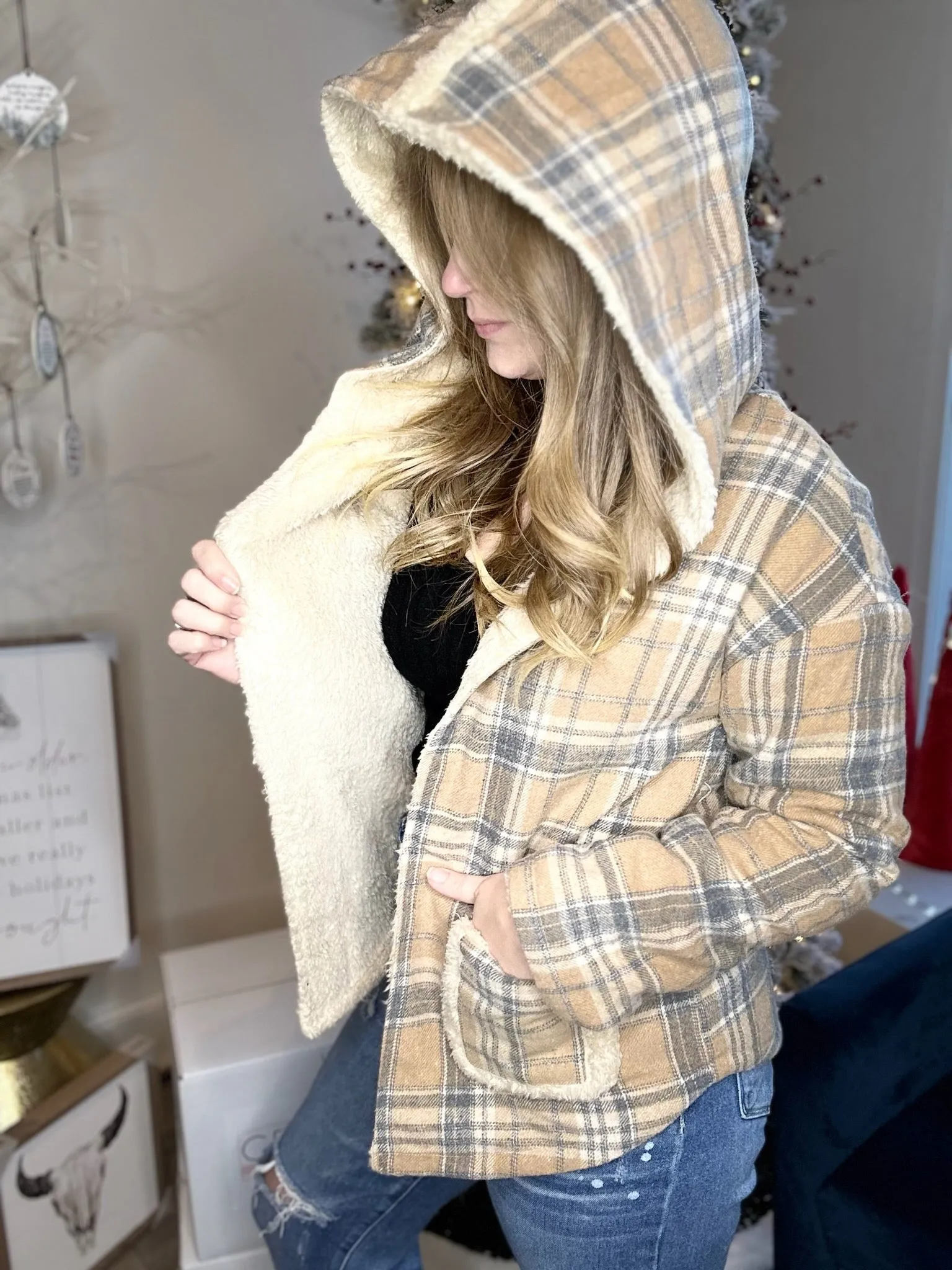 Tan Flannel Hooded Fur Jacket