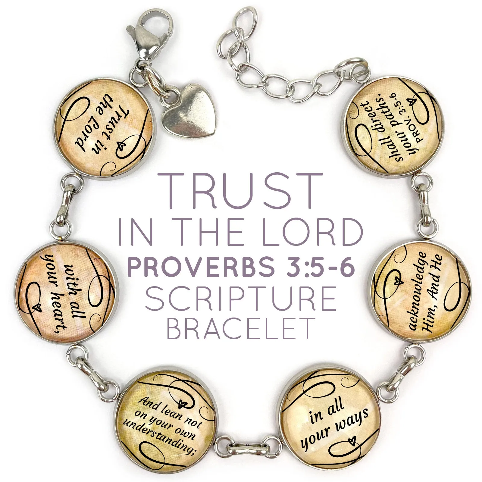 Trust In The Lord Proverbs 3:5-6 Scripture Bracelet – Glass Charm Stainless Steel Bible Verse Bracelet