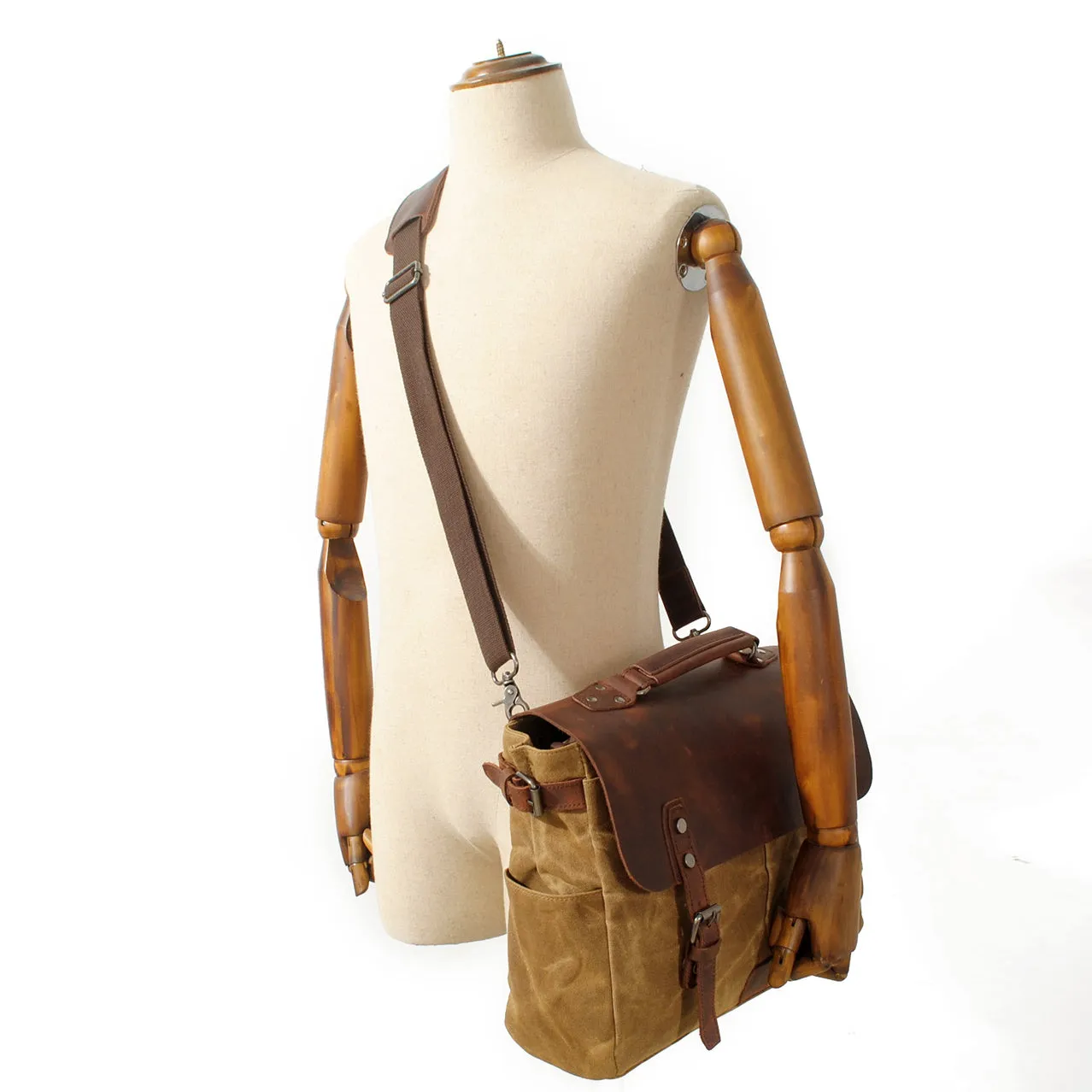 Vintage Waxed Canvas and Crazy Horse Leather Laptop Messenger Bag-i7bags