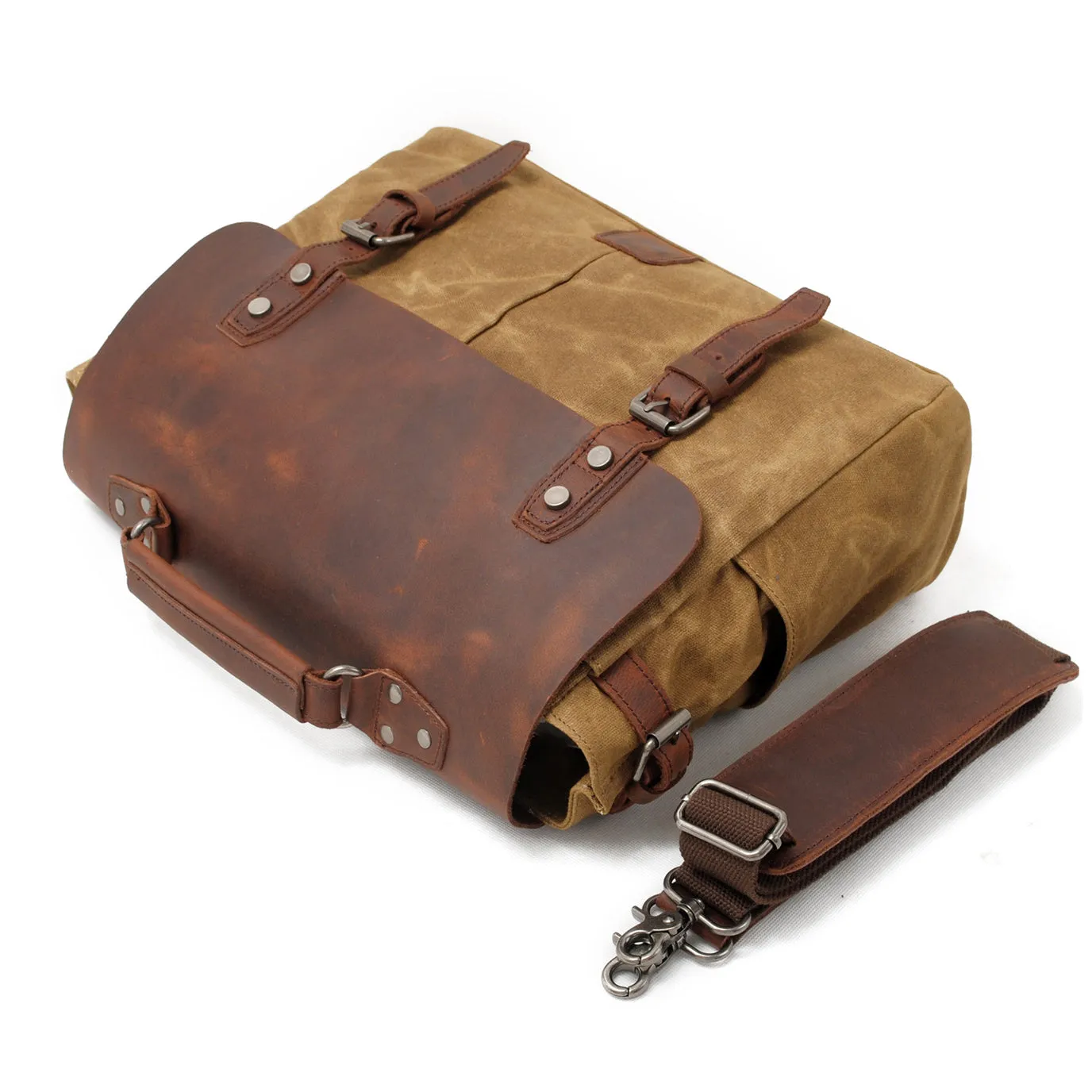 Vintage Waxed Canvas and Crazy Horse Leather Laptop Messenger Bag-i7bags