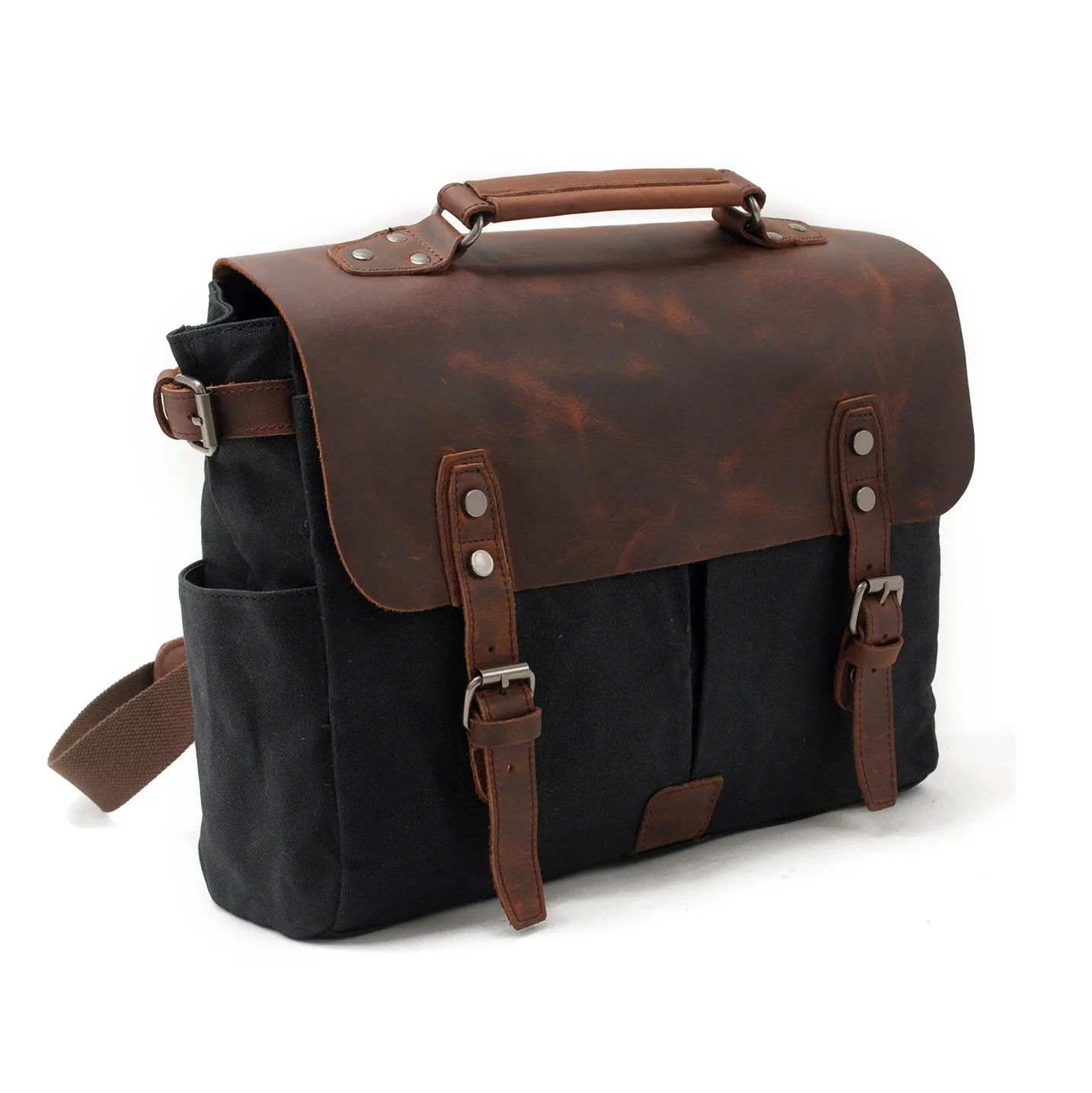 Vintage Waxed Canvas and Crazy Horse Leather Laptop Messenger Bag-i7bags