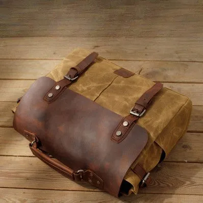 Vintage Waxed Canvas and Crazy Horse Leather Laptop Messenger Bag-i7bags