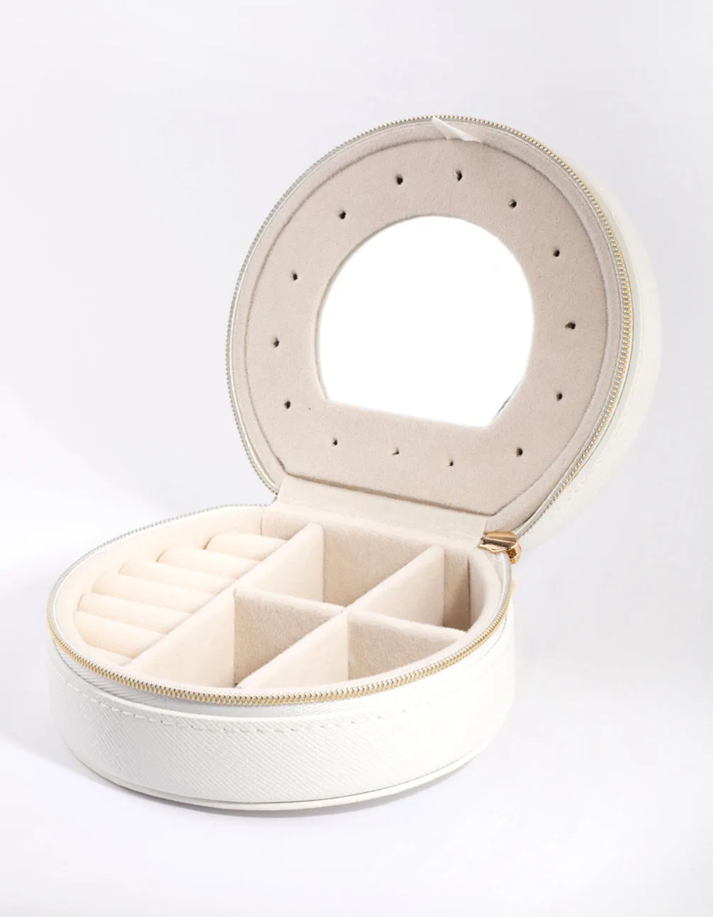 White Faux Leather Mirror Travel Jewellery Box