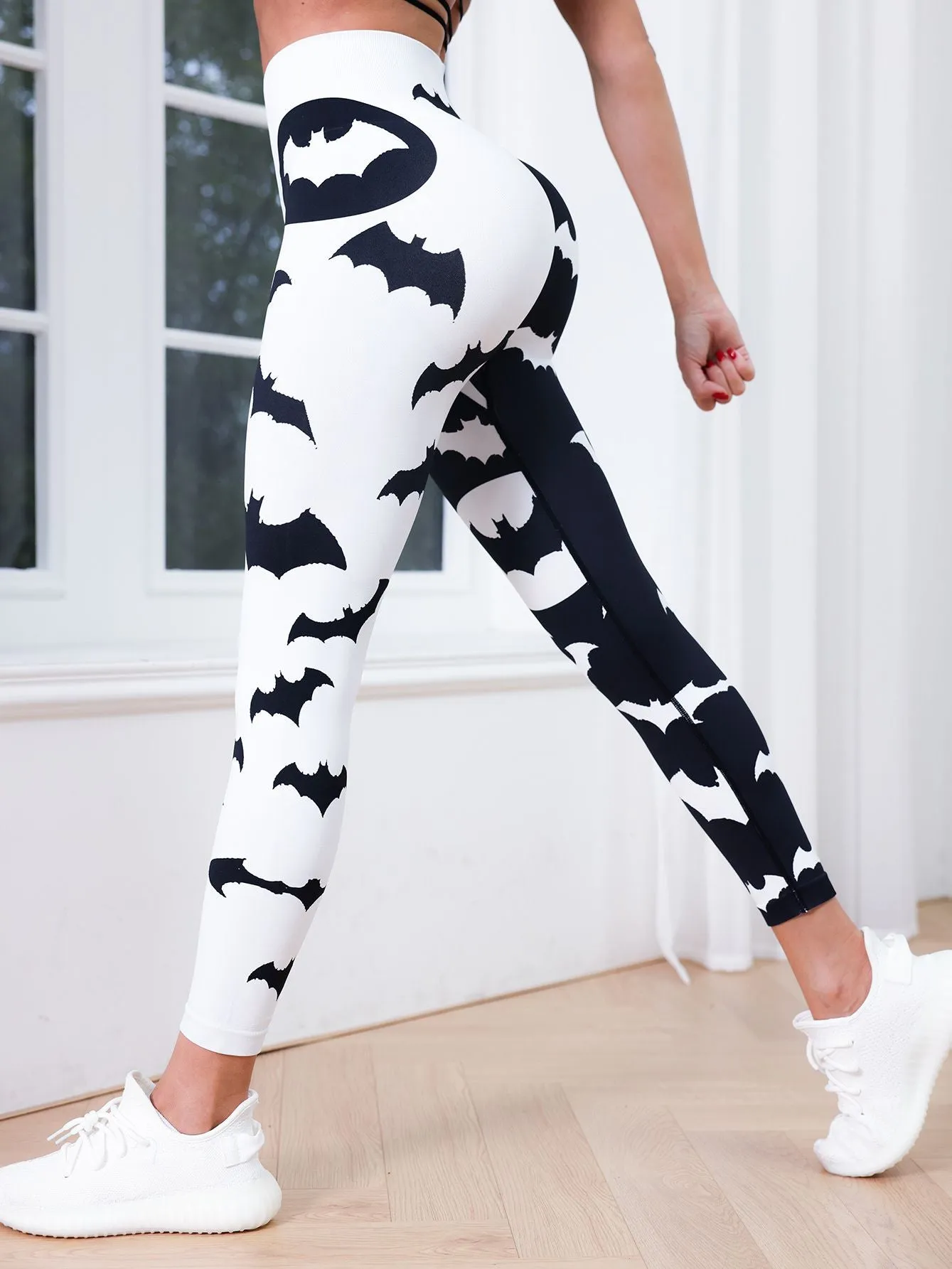 ZASUWA Female Bats Print Contrast Color High-waisted Quick Dry Leggings