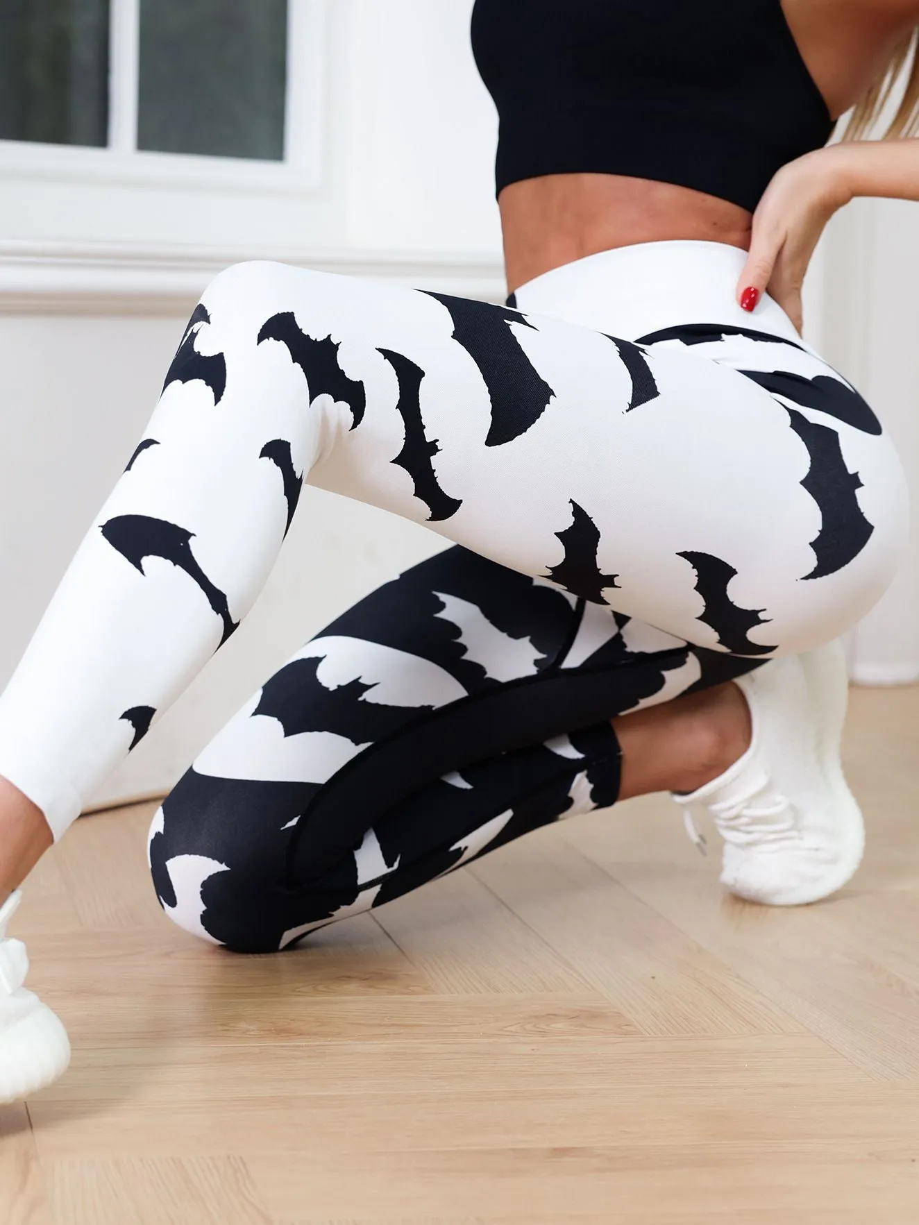 ZASUWA Female Bats Print Contrast Color High-waisted Quick Dry Leggings